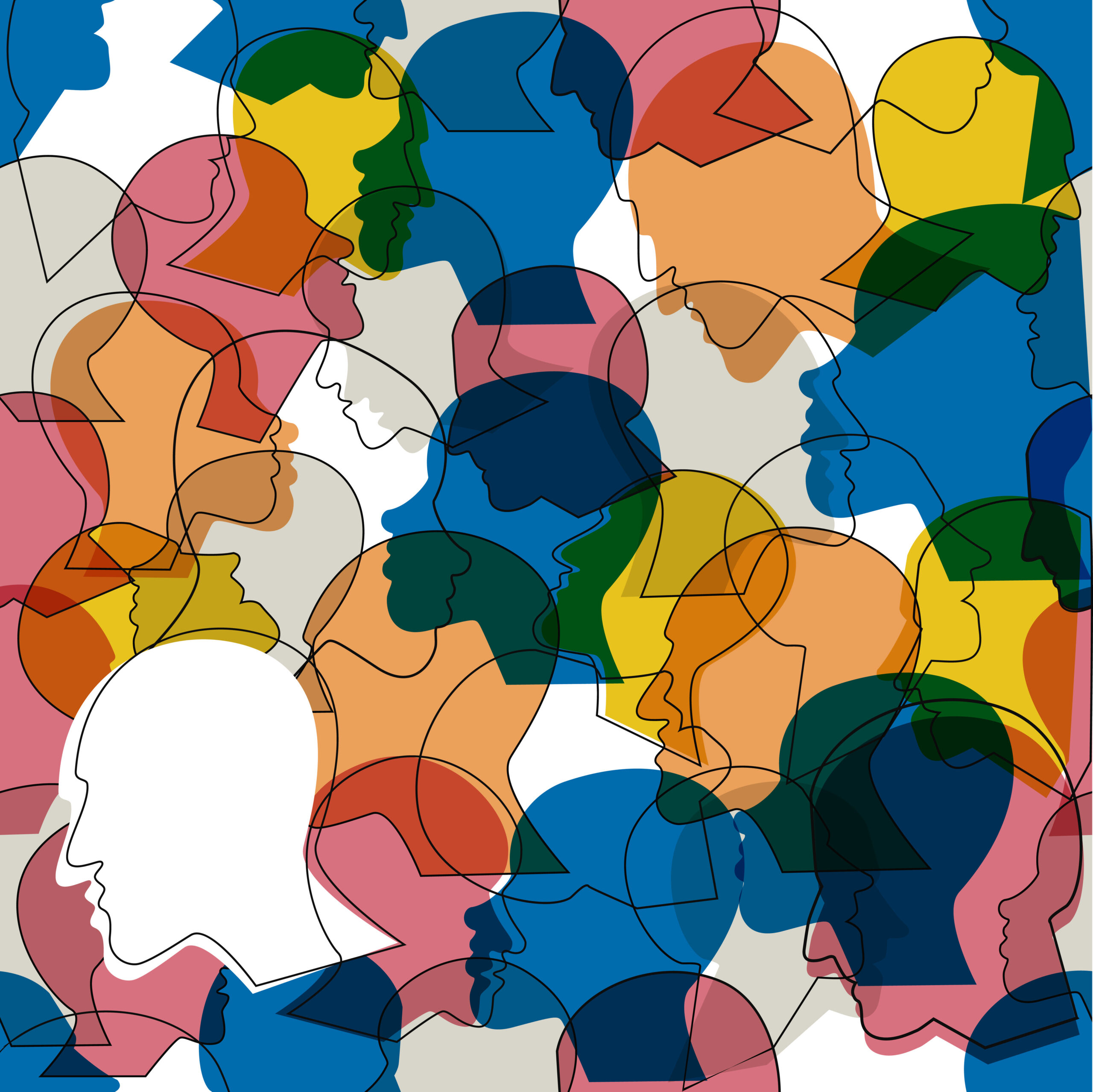 Seamless pattern of a crowd of many different people profile heads. Vector background.